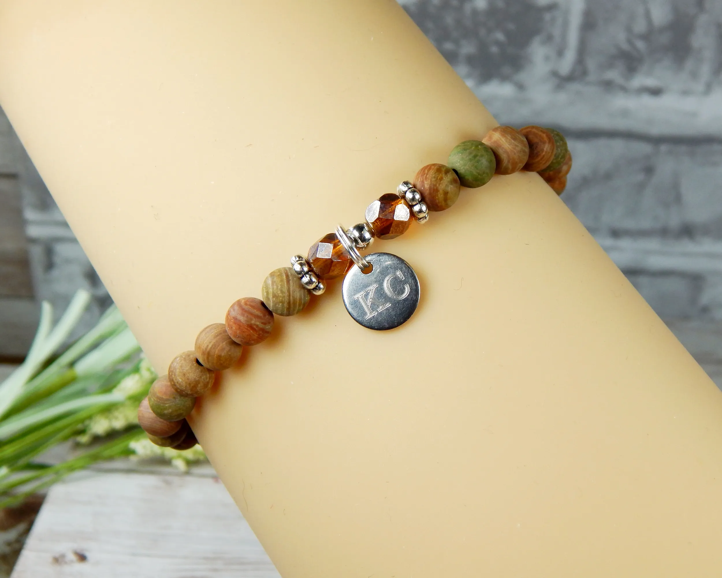 Earthy Engraved Initial Bracelet for Women - Custom Jasper Bracelet - Personalized Jewelry for Women