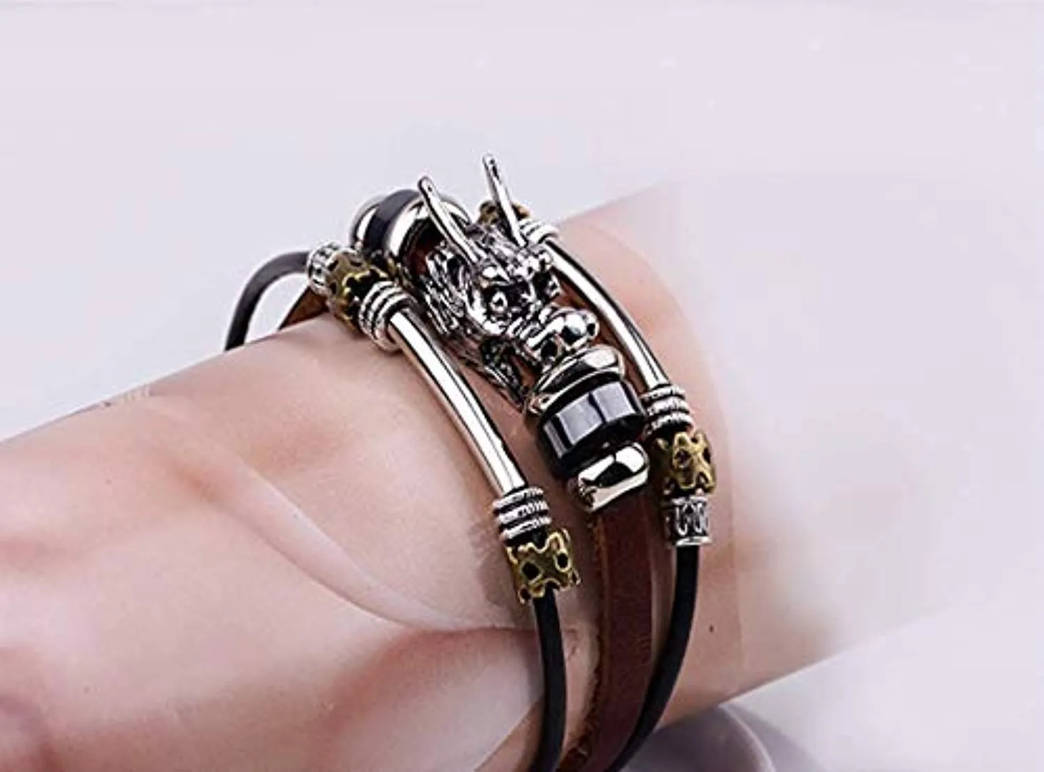 Electomania Dragon Head Silver Leather Triple Strands Bracelet Party Wear Bracelet/Wrist Band For Men