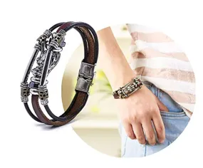 Electomania Dragon Head Silver Leather Triple Strands Bracelet Party Wear Bracelet/Wrist Band For Men