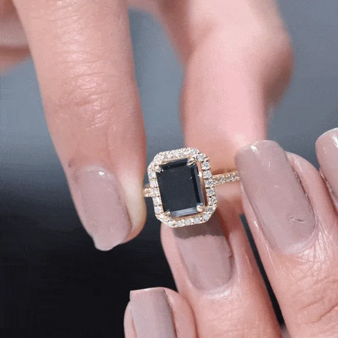 Emerald Cut Created Black Diamond Classic Halo Engagement Ring with Diamond