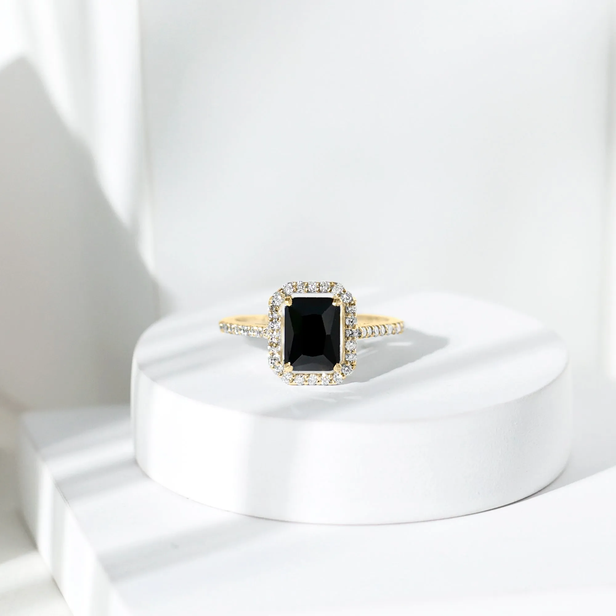 Emerald Cut Created Black Diamond Classic Halo Engagement Ring with Diamond