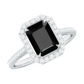 Emerald Cut Created Black Diamond Classic Halo Engagement Ring with Diamond