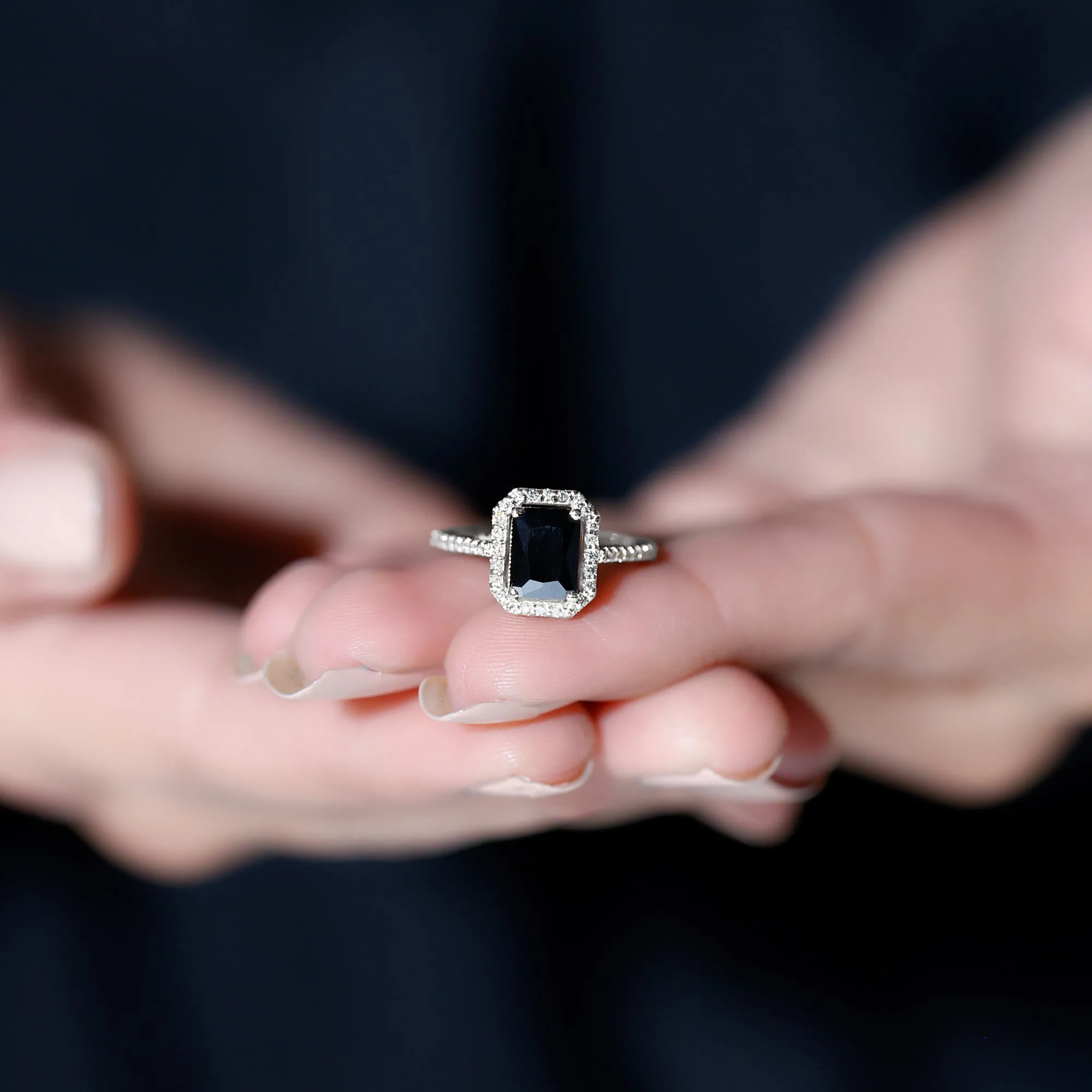 Emerald Cut Created Black Diamond Classic Halo Engagement Ring with Diamond