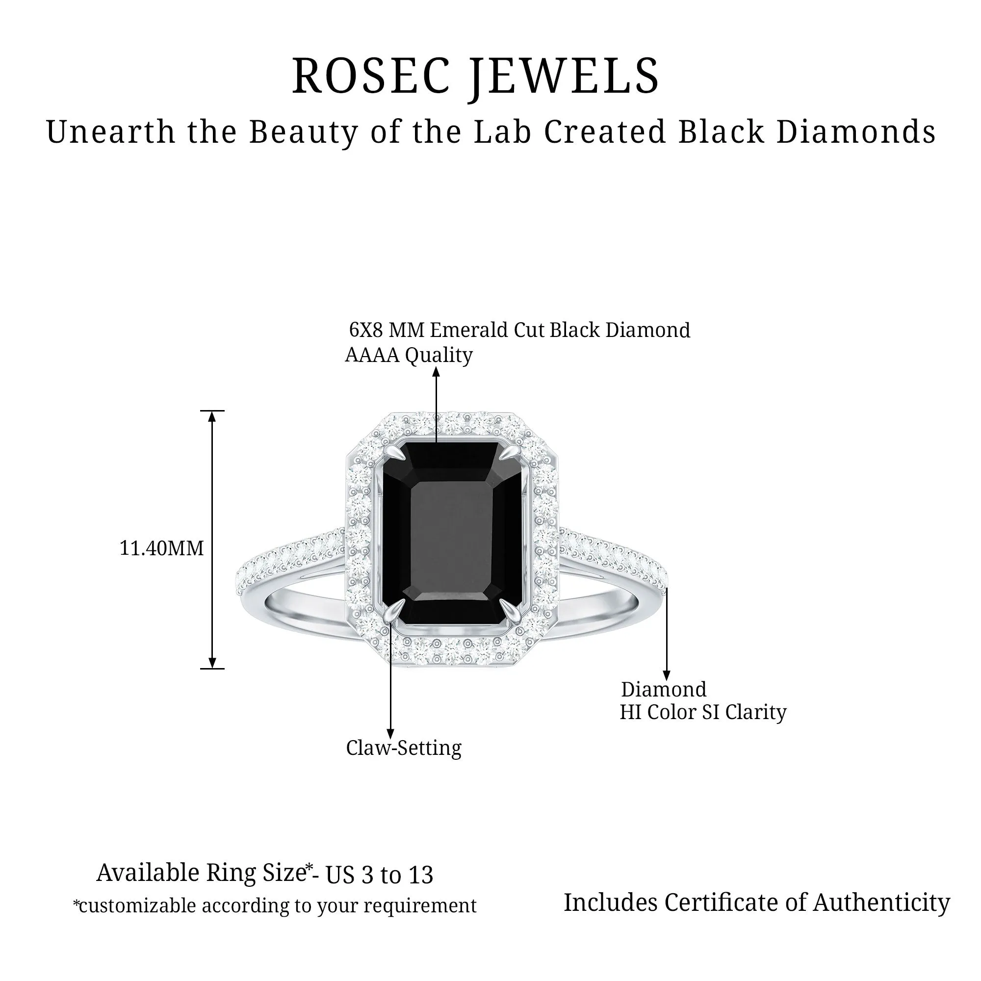 Emerald Cut Created Black Diamond Classic Halo Engagement Ring with Diamond