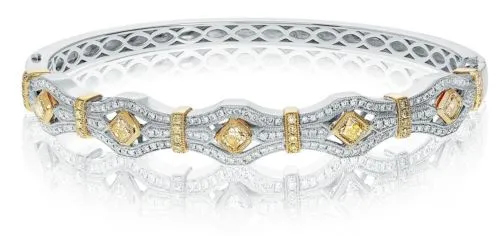 ESTATE 1.84CT WHITE & YELLOW DIAMOND 18K 2 TONE GOLD 3D FILIGREE BANGLE BRACELET