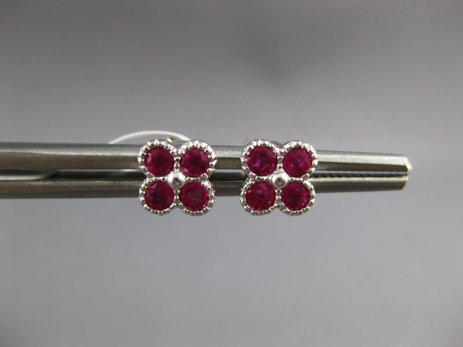 ESTATE .61CT AAA RUBY 18K WHITE GOLD 4 LEAF CLOVER FILIGREE FLOWER STUD EARRINGS