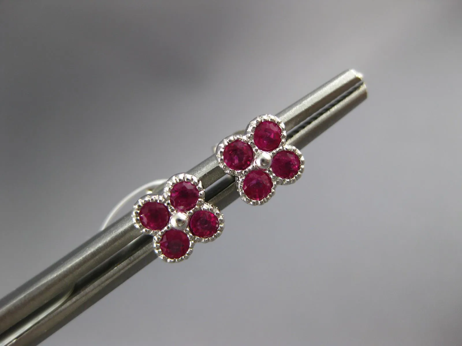 ESTATE .61CT AAA RUBY 18K WHITE GOLD 4 LEAF CLOVER FILIGREE FLOWER STUD EARRINGS