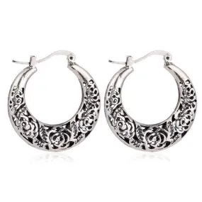 Etched Vintage Rose Hoop Earrings for Women