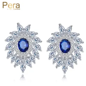 Famous Brand Royal Jewelry Big Flower Cubic Zirconia Stone Pave Settings Dark Blue Stud Earrings For Women