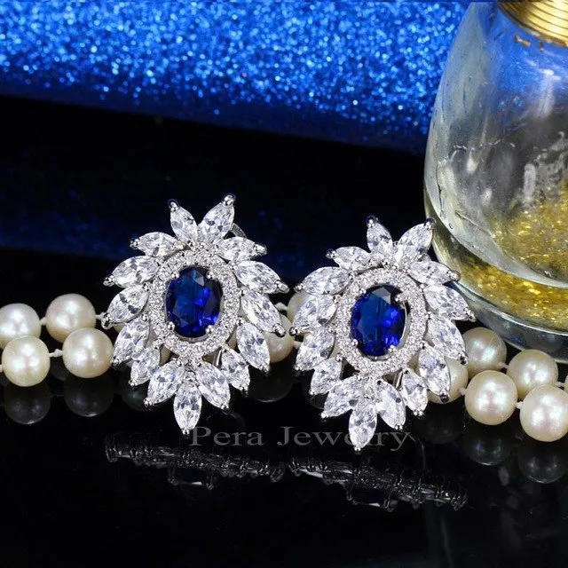 Famous Brand Royal Jewelry Big Flower Cubic Zirconia Stone Pave Settings Dark Blue Stud Earrings For Women