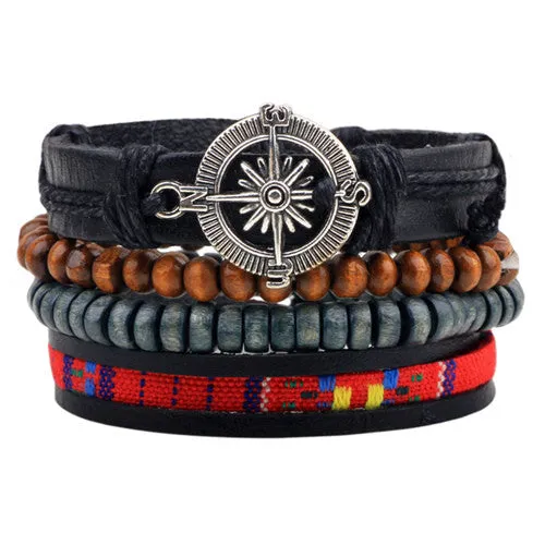 Fashion accessories Rope Wood Bead Leather Bracelets & bangles 1 Sets Multilayer Braided Wristband Bracelet Men pulse