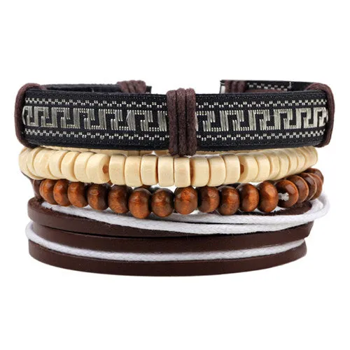 Fashion accessories Rope Wood Bead Leather Bracelets & bangles 1 Sets Multilayer Braided Wristband Bracelet Men pulse