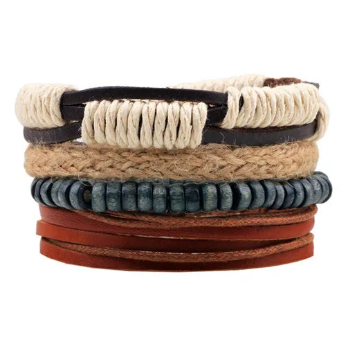 Fashion accessories Rope Wood Bead Leather Bracelets & bangles 1 Sets Multilayer Braided Wristband Bracelet Men pulse