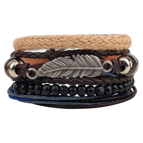 Fashion accessories Rope Wood Bead Leather Bracelets & bangles 1 Sets Multilayer Braided Wristband Bracelet Men pulse