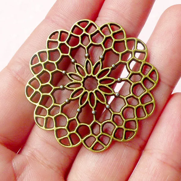 Filigree Flower Connectors (1pc) (38mm / Antique Bronze) Lace Cake Doily Charms Miniature Doilies Metal Findings Pendant Bracelet CHM477