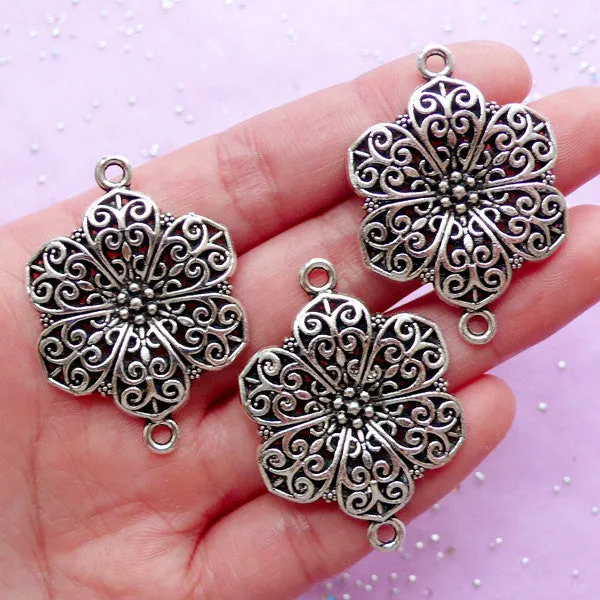 Filigree Flower Connectors Link (3pcs) (28mm x 40mm / Tibetan Silver) Lace Charms Metal Findings Pendant Bracelet Earrings Making CHM480