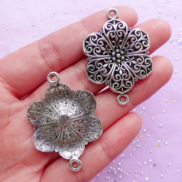 Filigree Flower Connectors Link (3pcs) (28mm x 40mm / Tibetan Silver) Lace Charms Metal Findings Pendant Bracelet Earrings Making CHM480