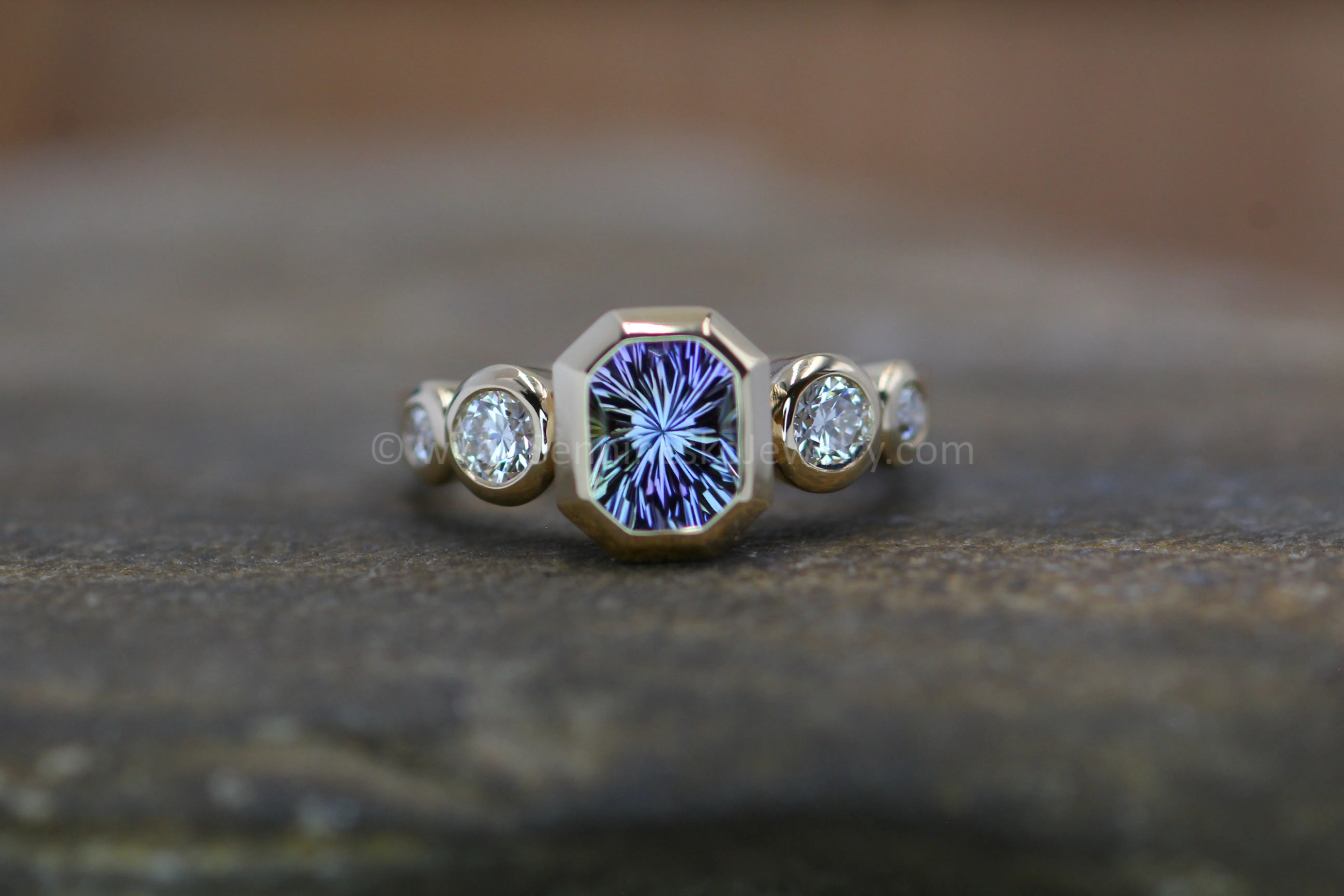 Five Stone Diamond Accented Multi Bezel Setting - Depicted with a Fantasy cut Tanzanite Octagon (Setting Only, Center Stone Sold Separately)