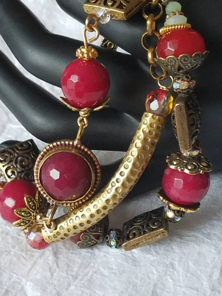 Fuchsia Dyed Jade Agate Triple Strand Chunky India Inspired Bracelet, MB10175: The Raspberries