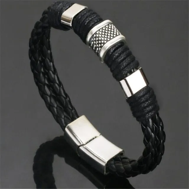 Full Grain Black or Brown Leather Stainless Steel Hardware Icon Bracelet