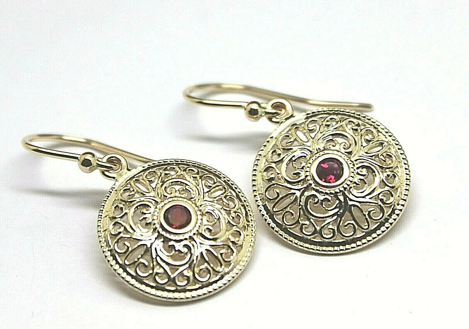 Genuine 9k 9ct Solid Yellow, Rose or White Gold Antique Ruby Filigree Drop Earrings