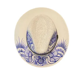 Hand-painted Hat from Mexico - Birds- White, Blue