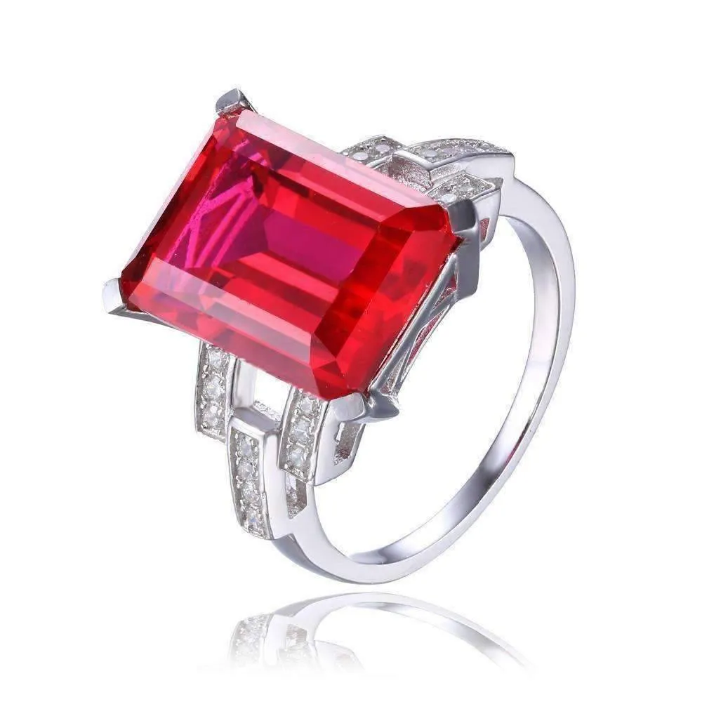 Heirloom 9CT Emerald Cut Simulated Pigeon Blood Ruby IOBI Precious Gems 925 Sterling Silver Ring