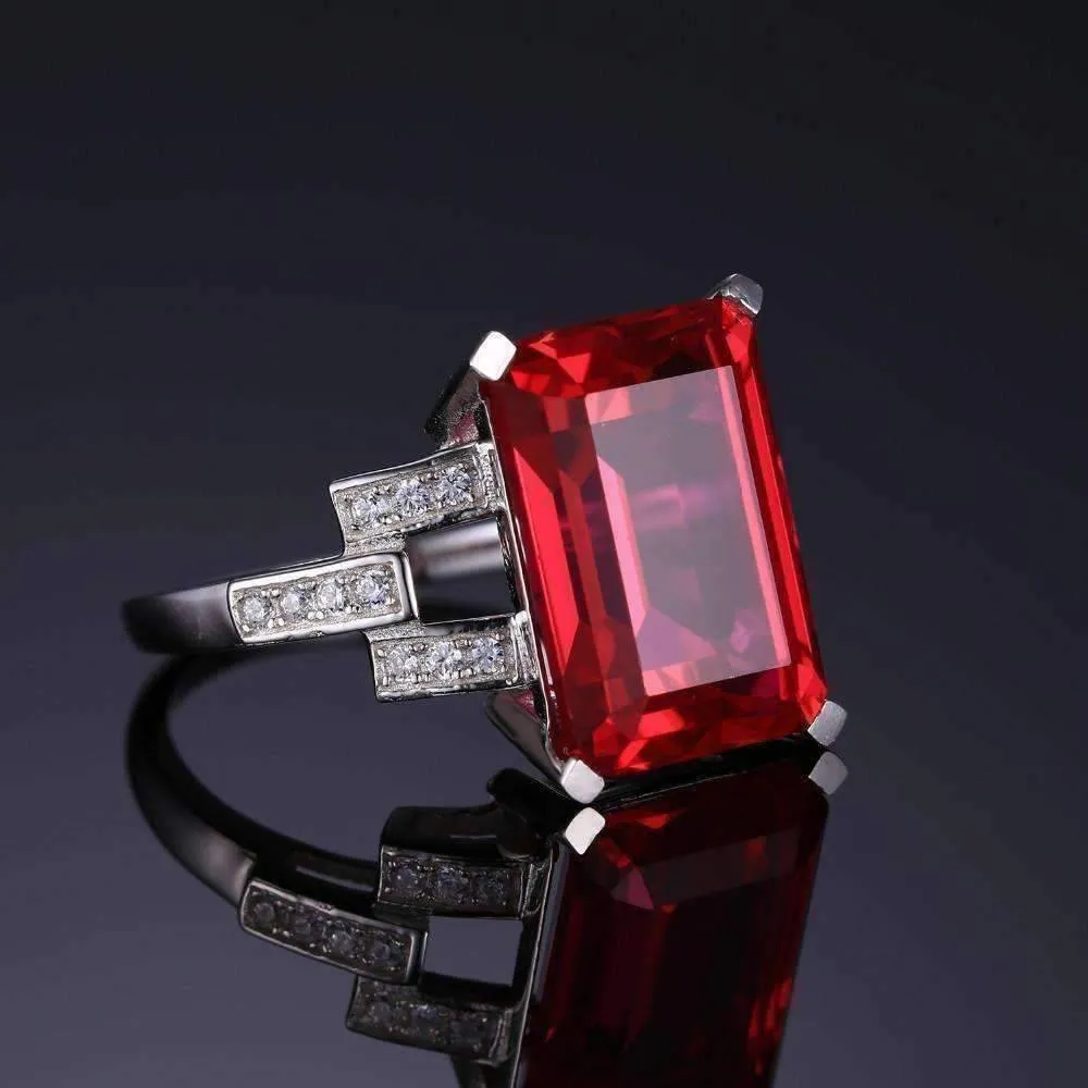 Heirloom 9CT Emerald Cut Simulated Pigeon Blood Ruby IOBI Precious Gems 925 Sterling Silver Ring