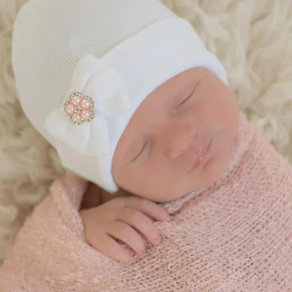 ilybean Teeny White Jewel Bow Newborn Girl Hospital Hat - White Hospital Hat Newborn