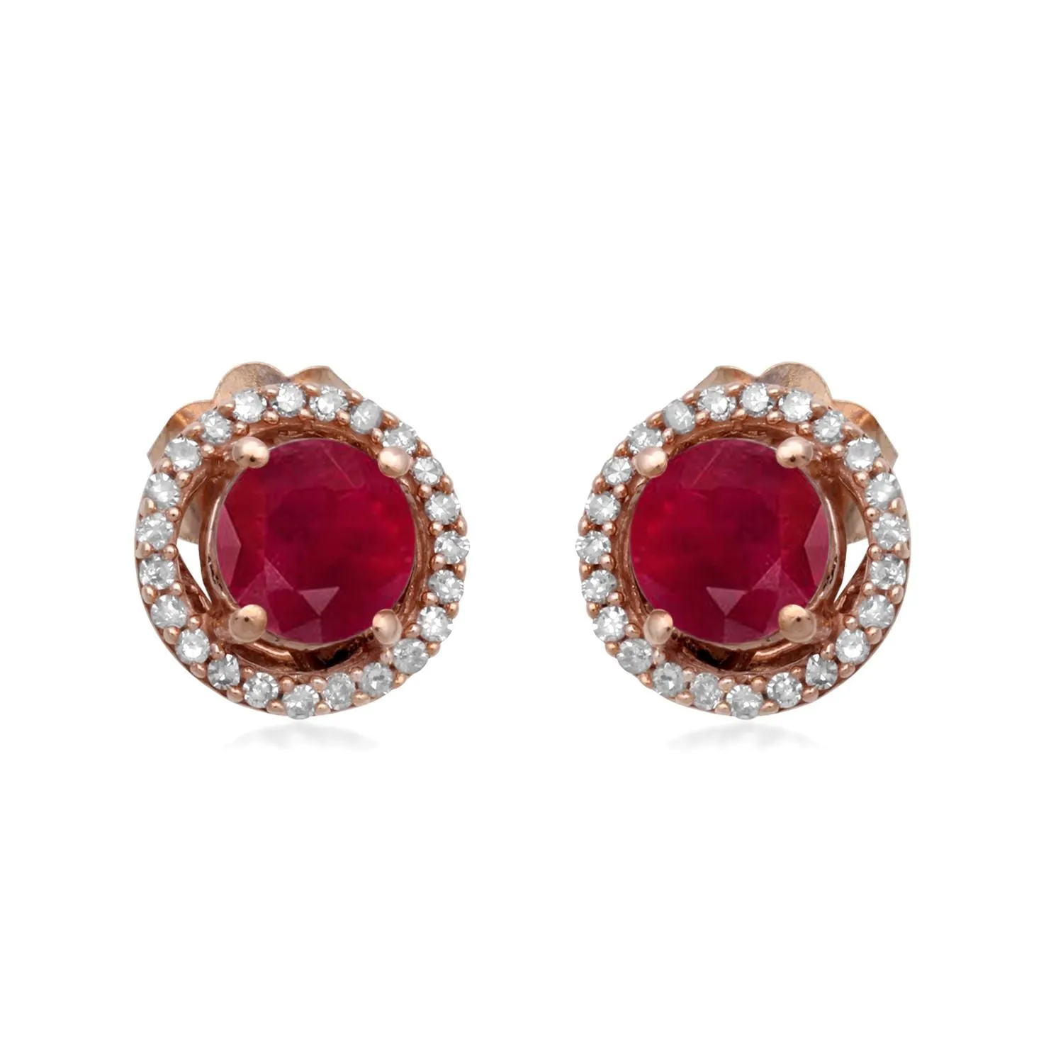 Jewelili 10K Rose Gold with Round Shape Natural Ruby and 1/6 CTTW Natural White Round Diamonds Stud Earrings