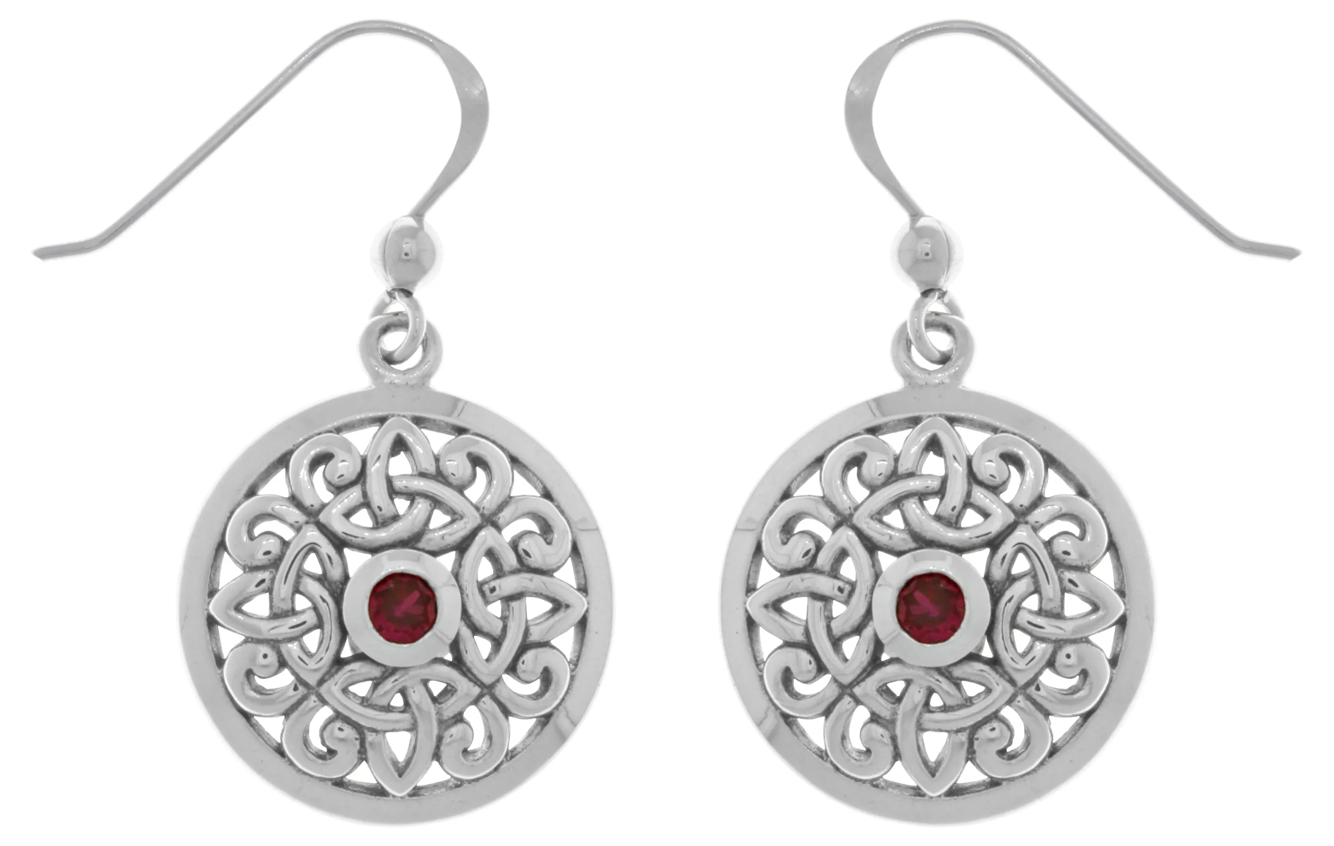 Jewelry Trends Sterling Silver Celtic Knot Round Shield Dangle Earrings with Synthetic Ruby