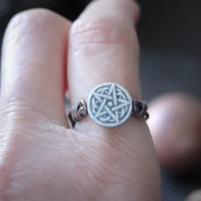 Kitchen Witches Raku Teal Pentagram Ring in Wire Wrapped Copper. Size US 7 or UK N 1/2.