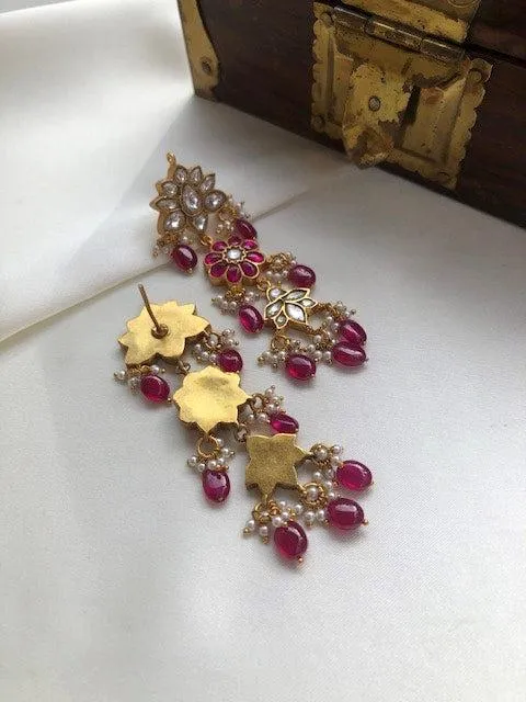 Kundan long earrings with ruby beads