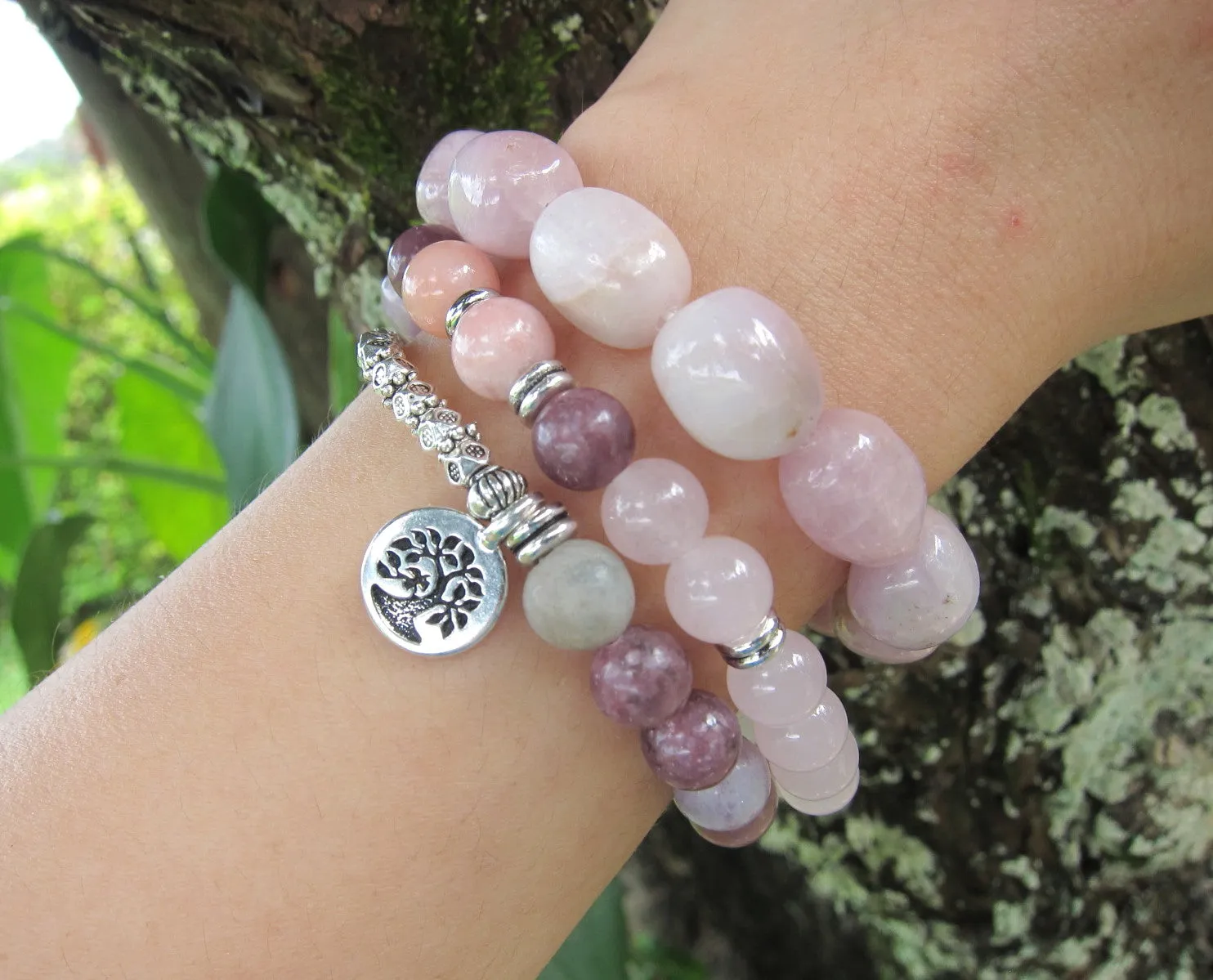 Kunzite, Lepidolite, Pink Opal Energy Wrist Mala Bracelet