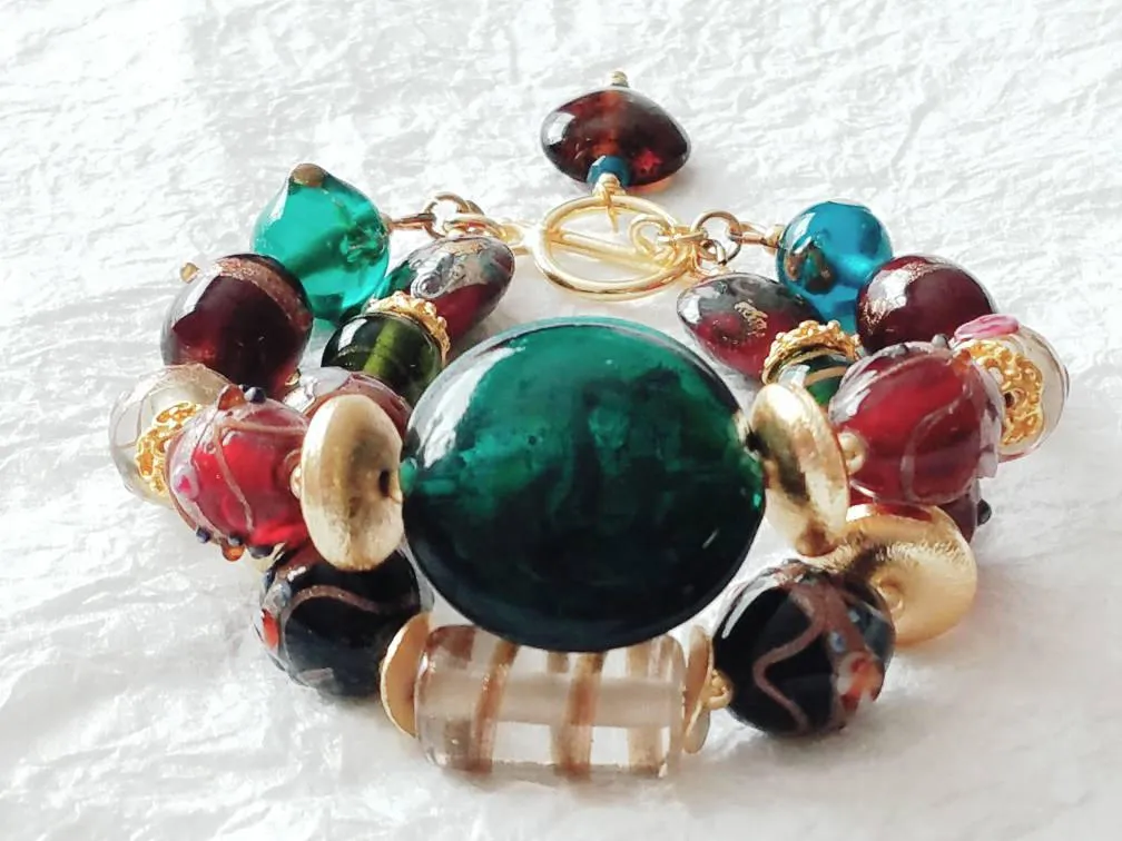 Large Glass Lampwork Lentil Beads Red Green Brown Gold Double Strand Chunky Christmas Bracelet, MB10173: "Deck The Halls"