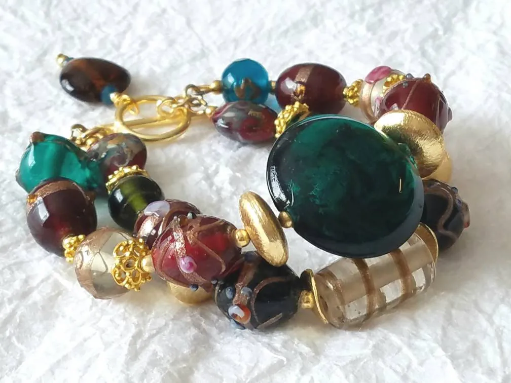 Large Glass Lampwork Lentil Beads Red Green Brown Gold Double Strand Chunky Christmas Bracelet, MB10173: "Deck The Halls"