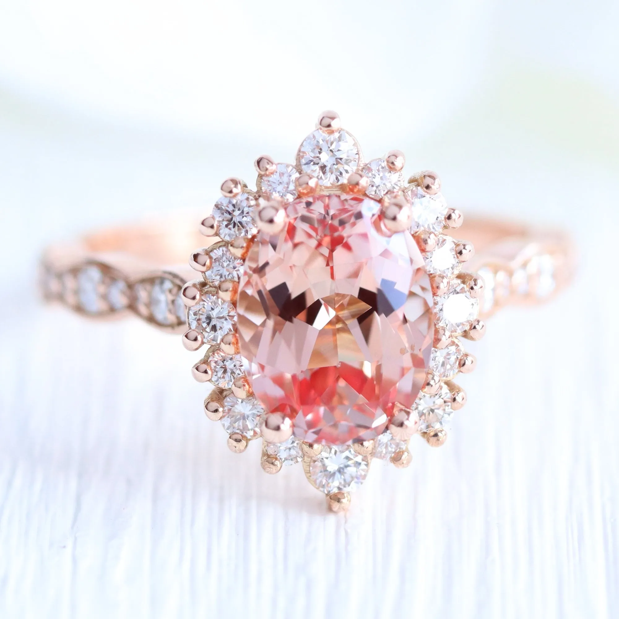 Large Tiara Halo Oval Ring Set w/ Peach Sapphire and Large 7 Diamond Scalloped Band