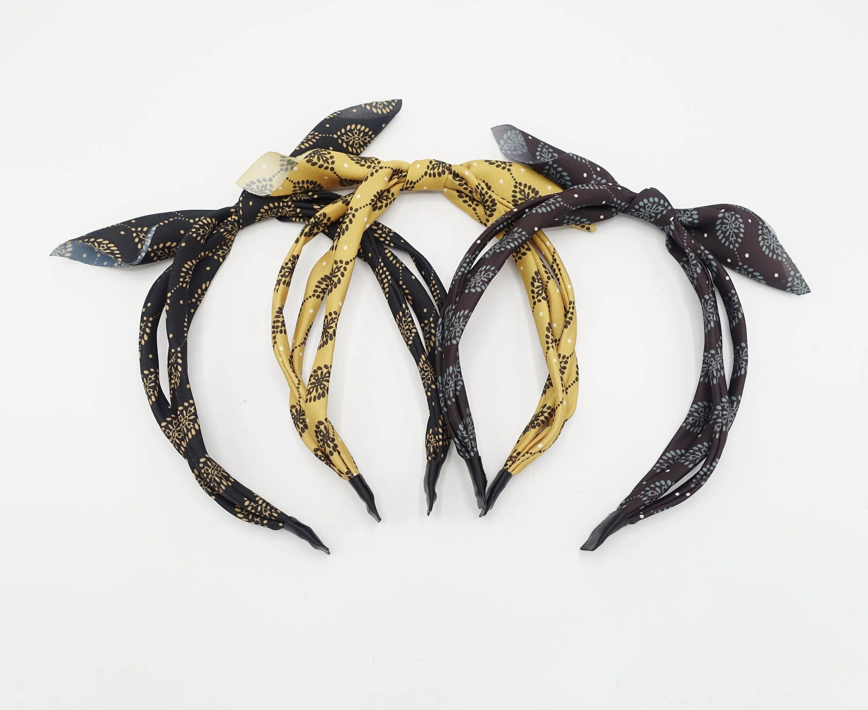 leaf print bow knot triple fabric strand headband unique thin hairband women hair accessory