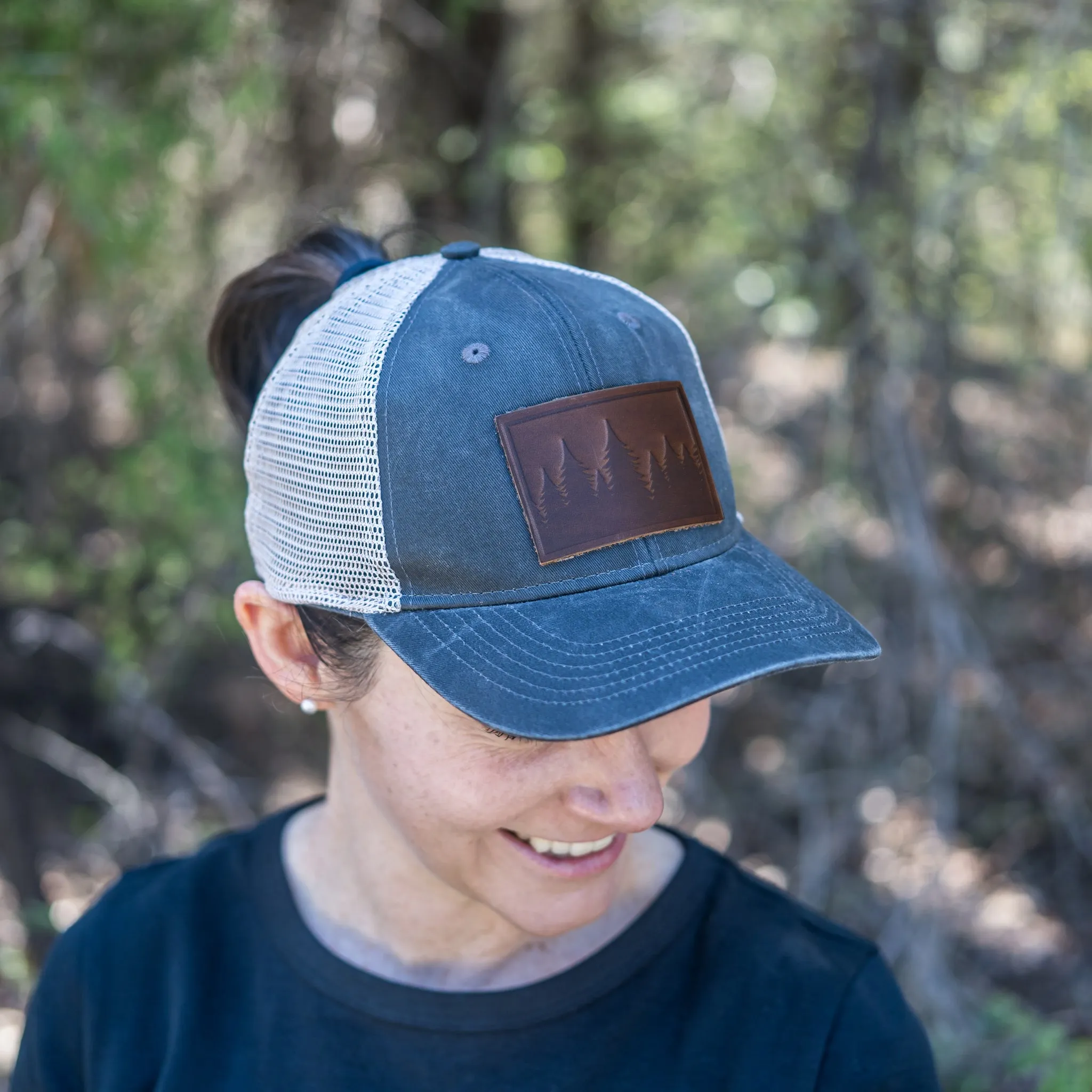 Leather Patch Ponytail Style Hat - Pine Tree Ridgeline Stamp