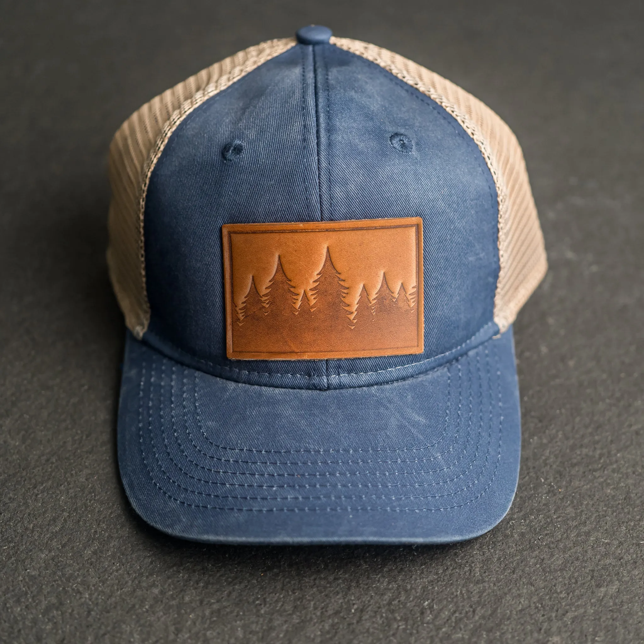 Leather Patch Ponytail Style Hat - Pine Tree Ridgeline Stamp