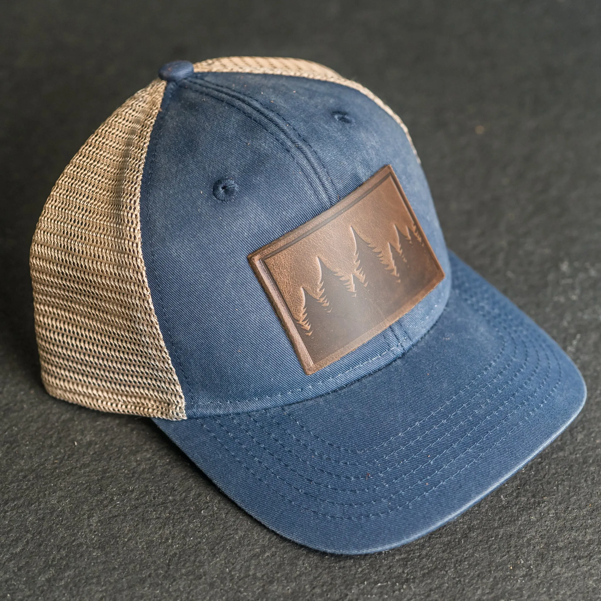 Leather Patch Ponytail Style Hat - Pine Tree Ridgeline Stamp