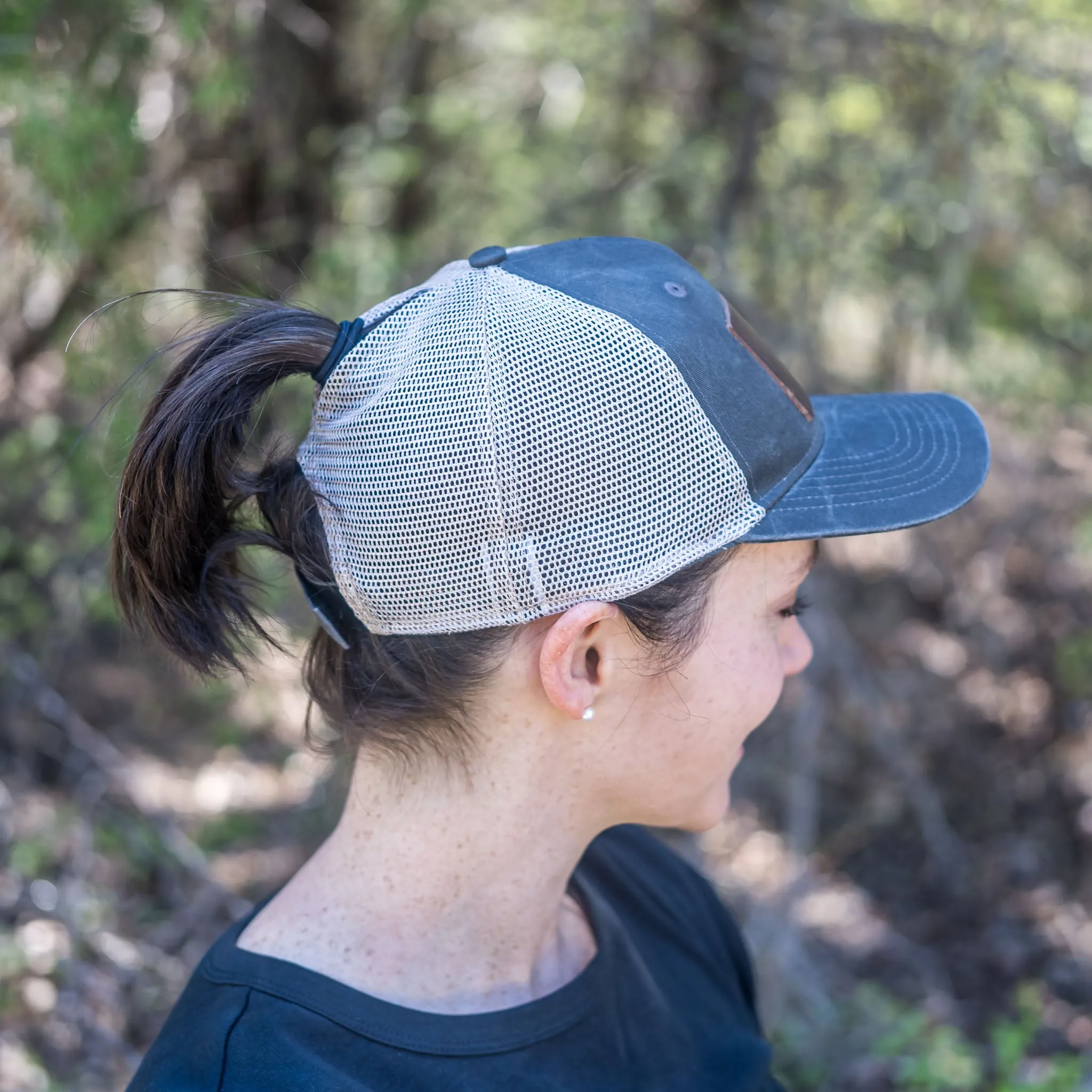 Leather Patch Ponytail Style Hat - Pine Tree Ridgeline Stamp