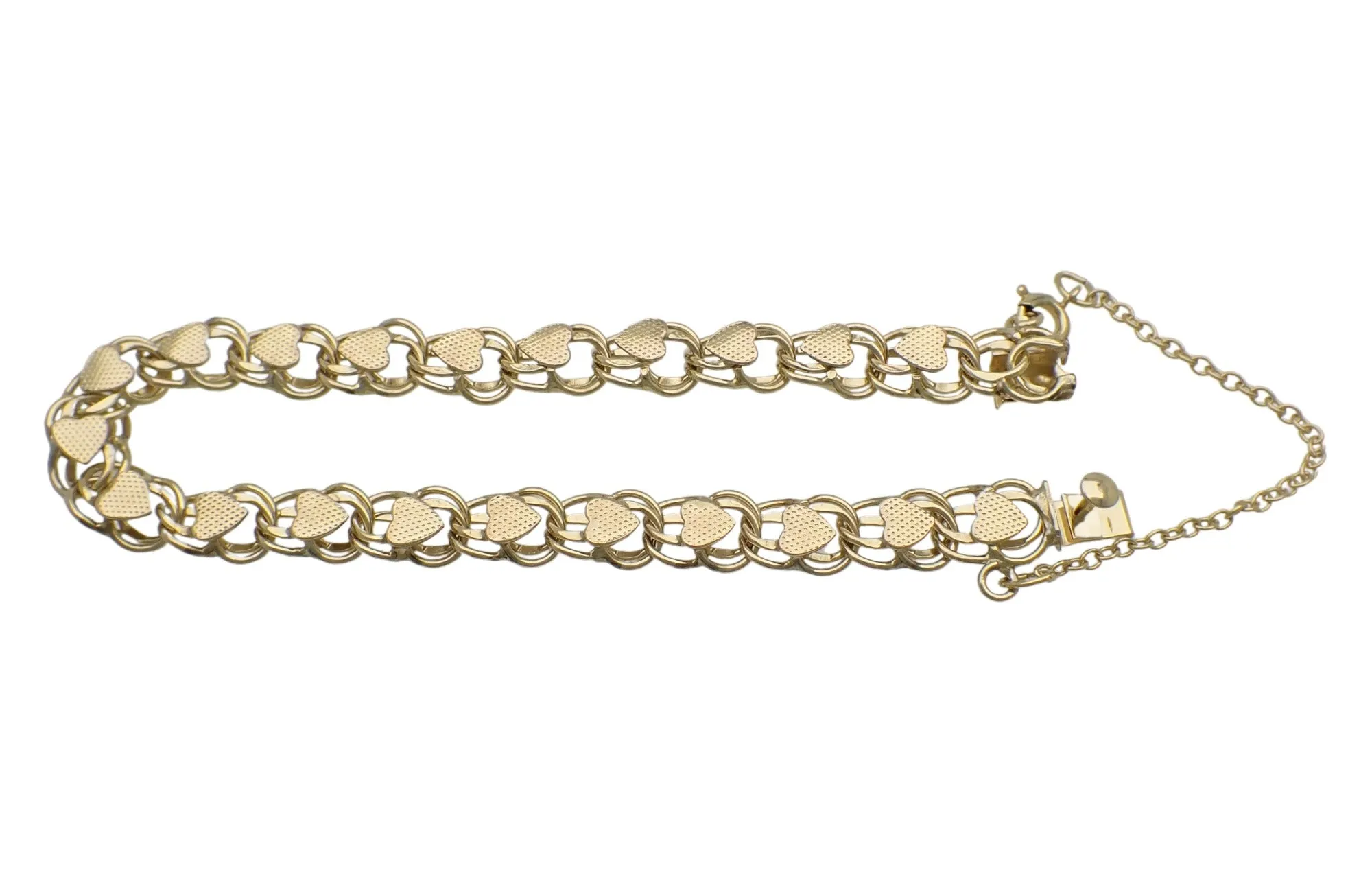 Linked Hearts 1960's Vintage 12K Yellow Gold Filled Double Link Charm Bracelet - 7 Inches