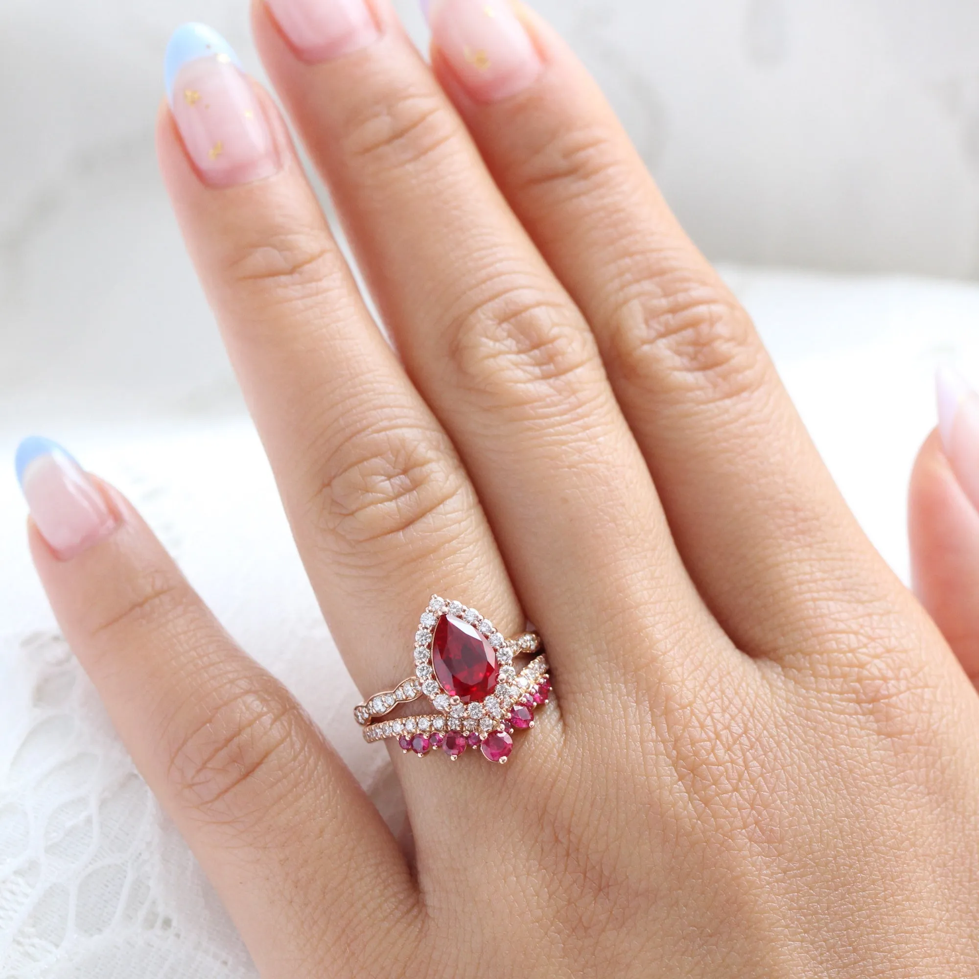 Luna Halo Pear Ruby Bridal Ring Set w/ Large Tiara Diamond Ruby Wedding Band