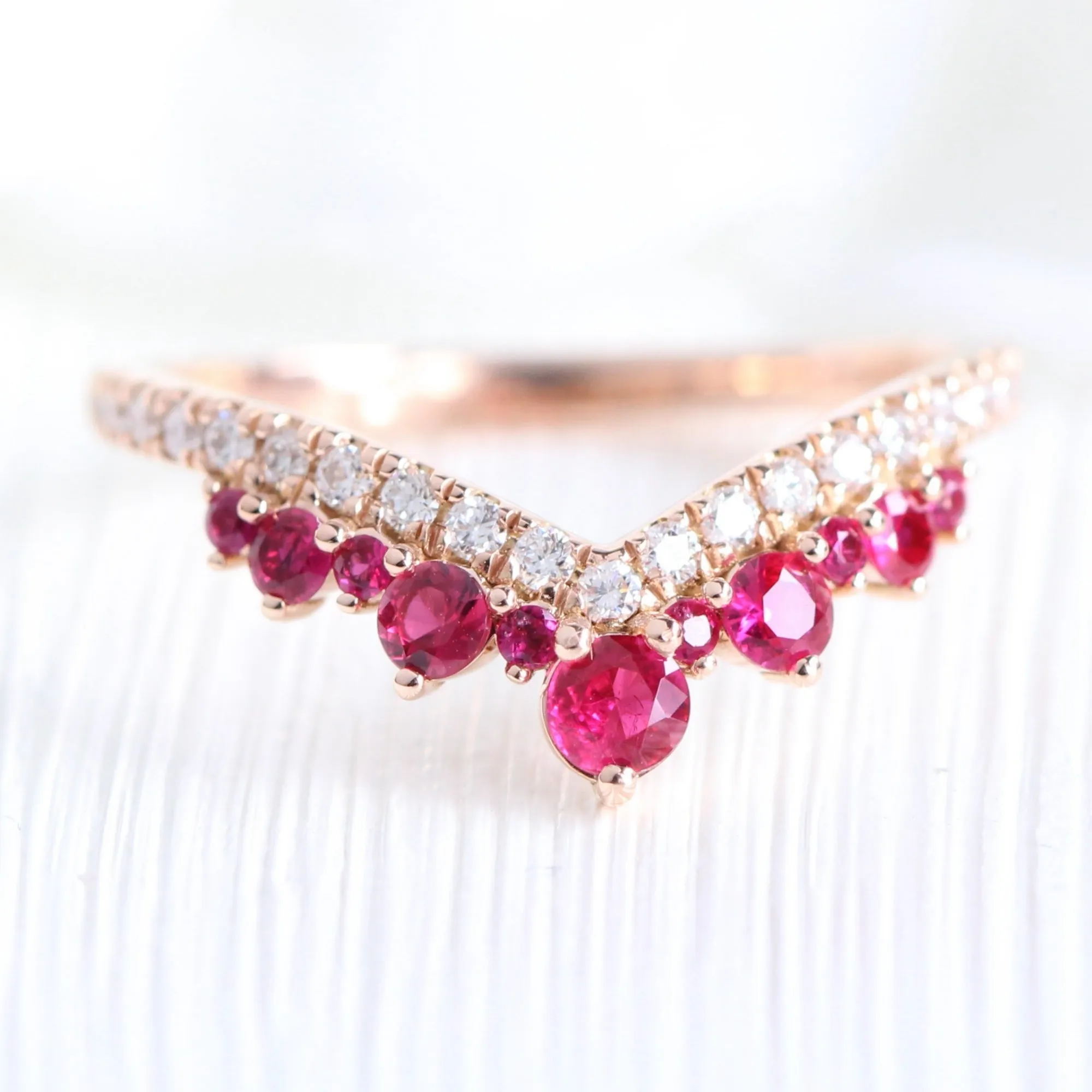 Luna Halo Pear Ruby Bridal Ring Set w/ Large Tiara Diamond Ruby Wedding Band