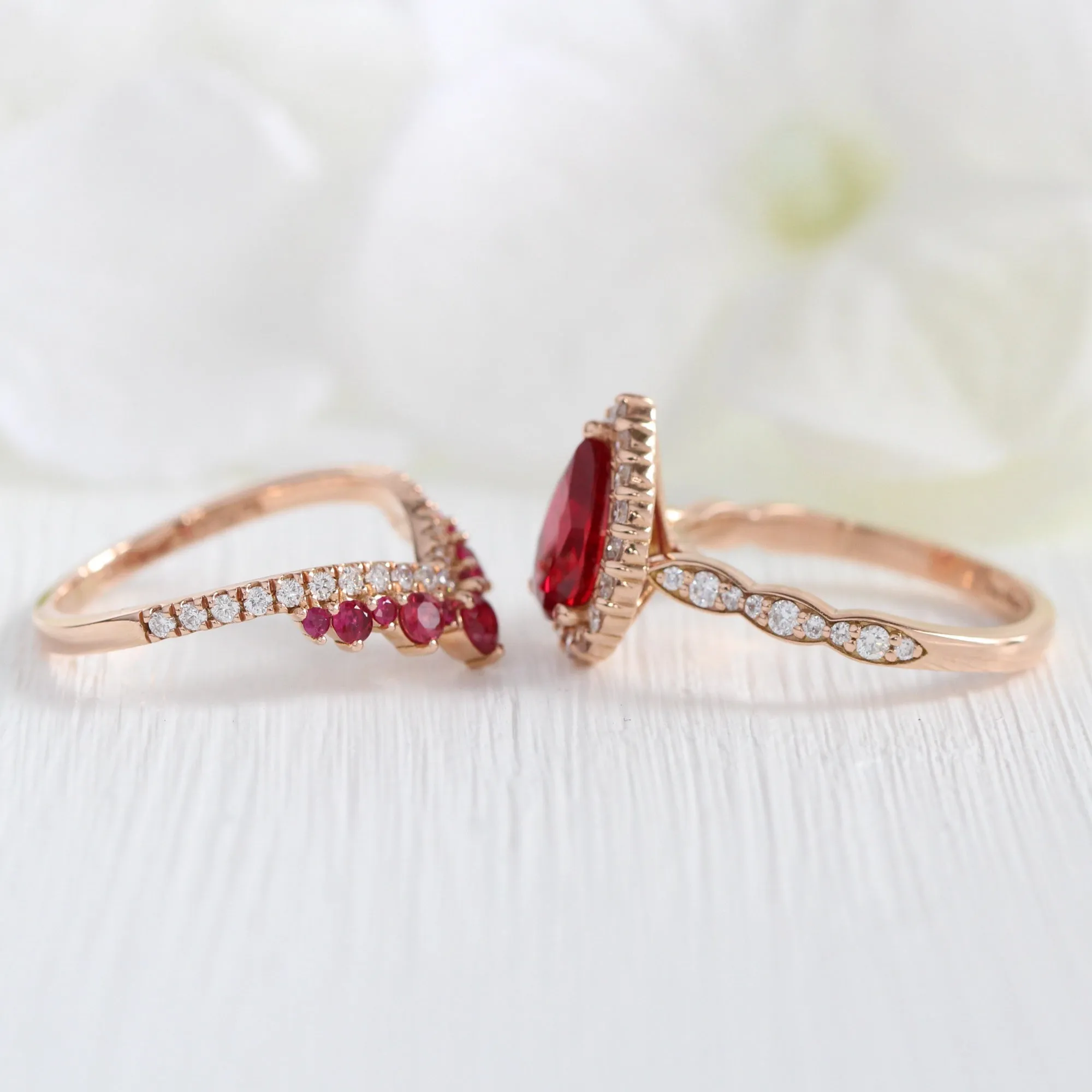 Luna Halo Pear Ruby Bridal Ring Set w/ Large Tiara Diamond Ruby Wedding Band