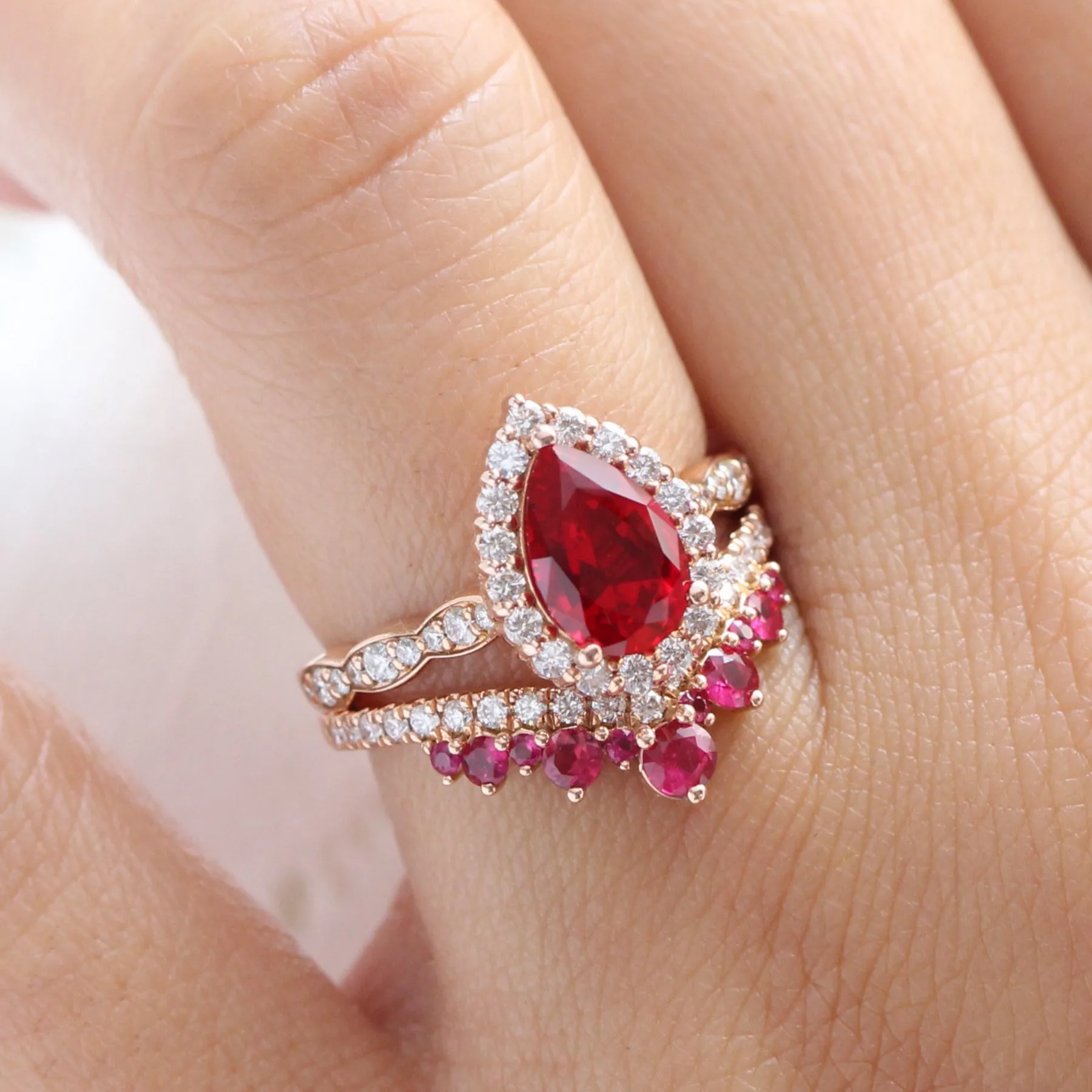 Luna Halo Pear Ruby Bridal Ring Set w/ Large Tiara Diamond Ruby Wedding Band