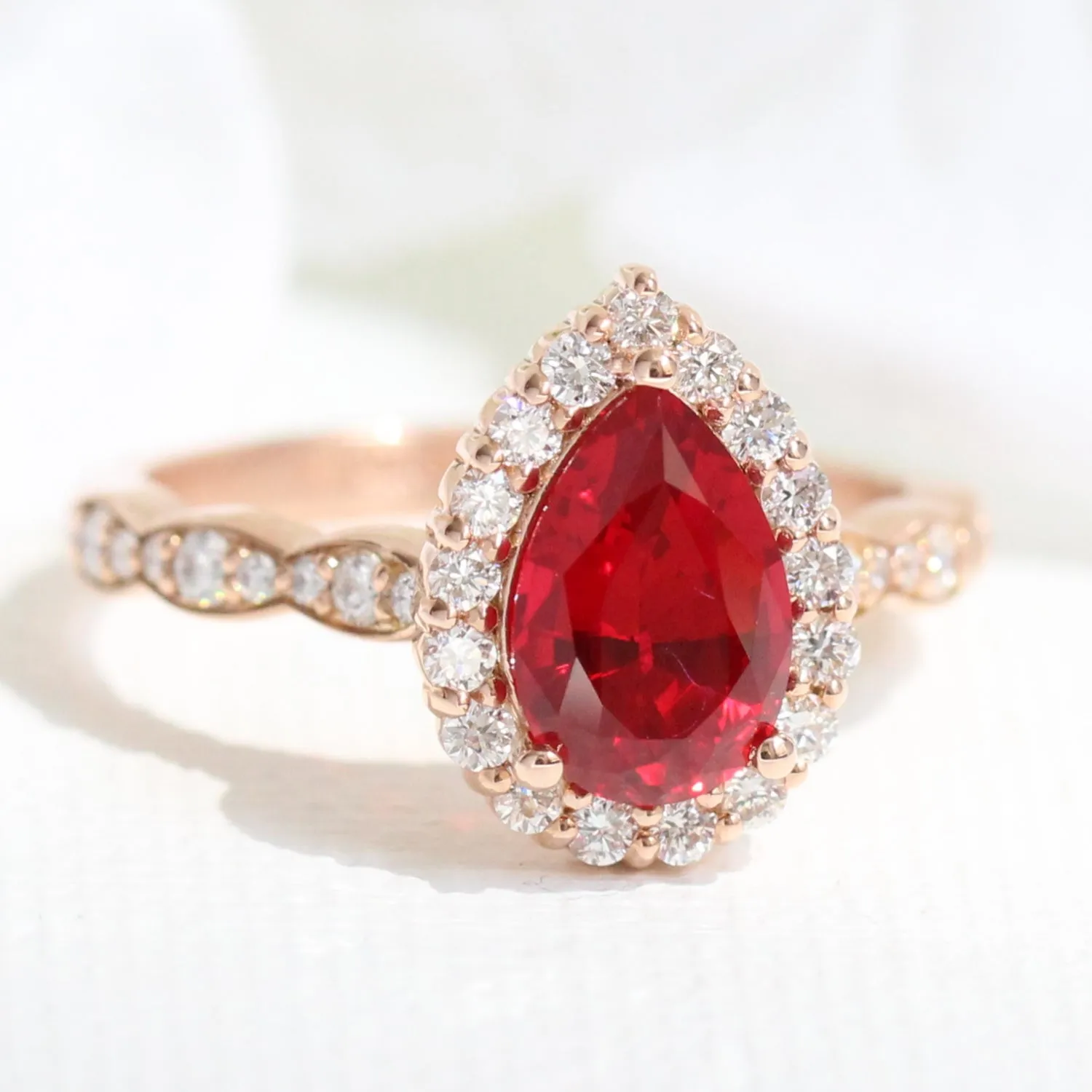 Luna Halo Pear Ruby Bridal Ring Set w/ Large Tiara Diamond Ruby Wedding Band