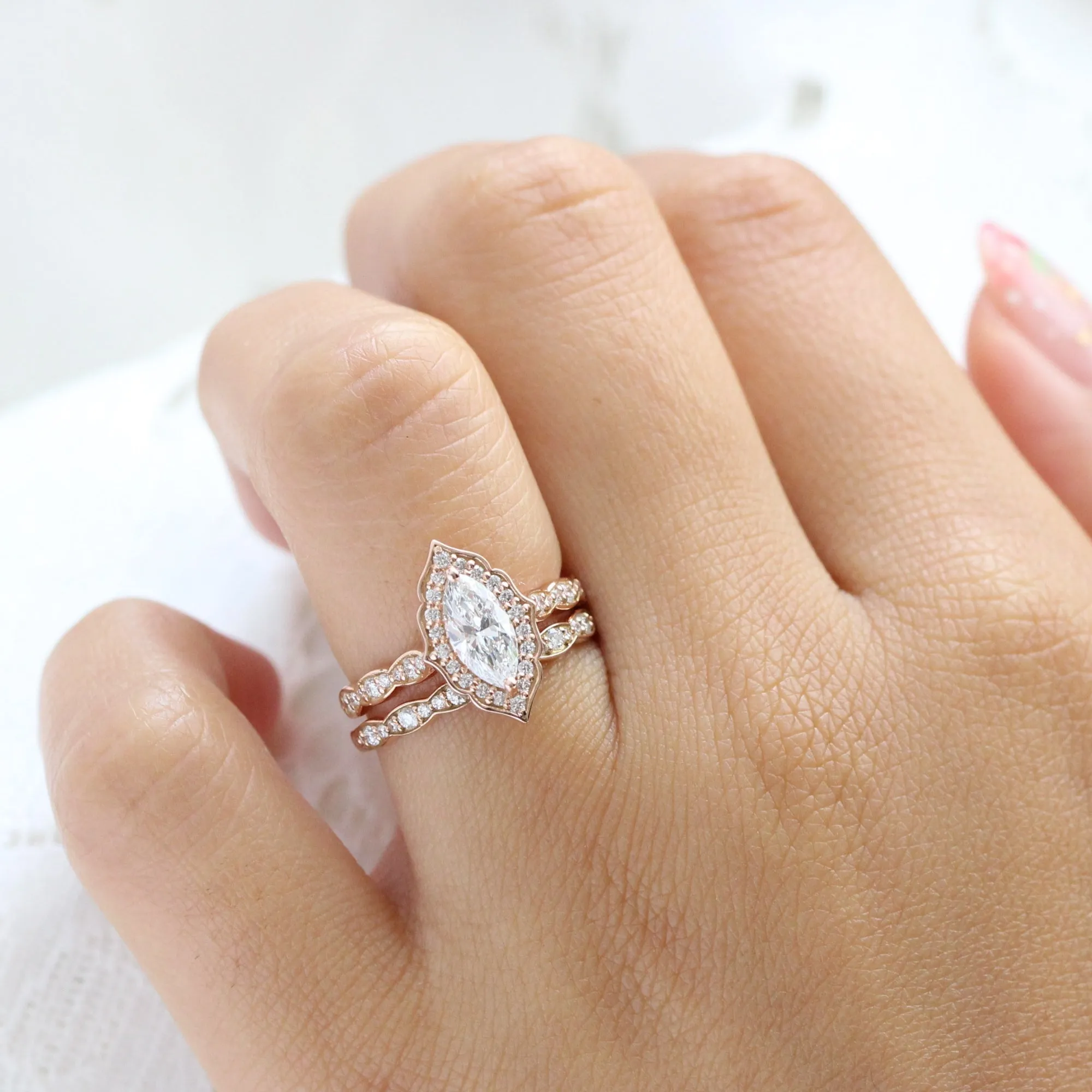 Marquise Diamond Vintage Halo Ring w/ Lab Diamond and Matching Wedding Band