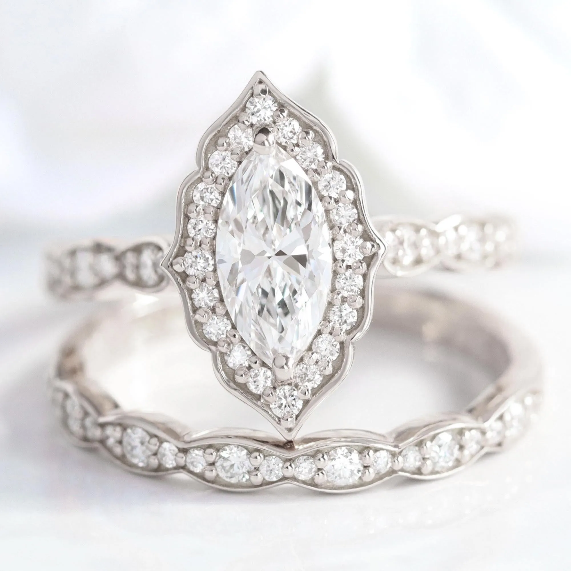 Marquise Diamond Vintage Halo Ring w/ Lab Diamond and Matching Wedding Band